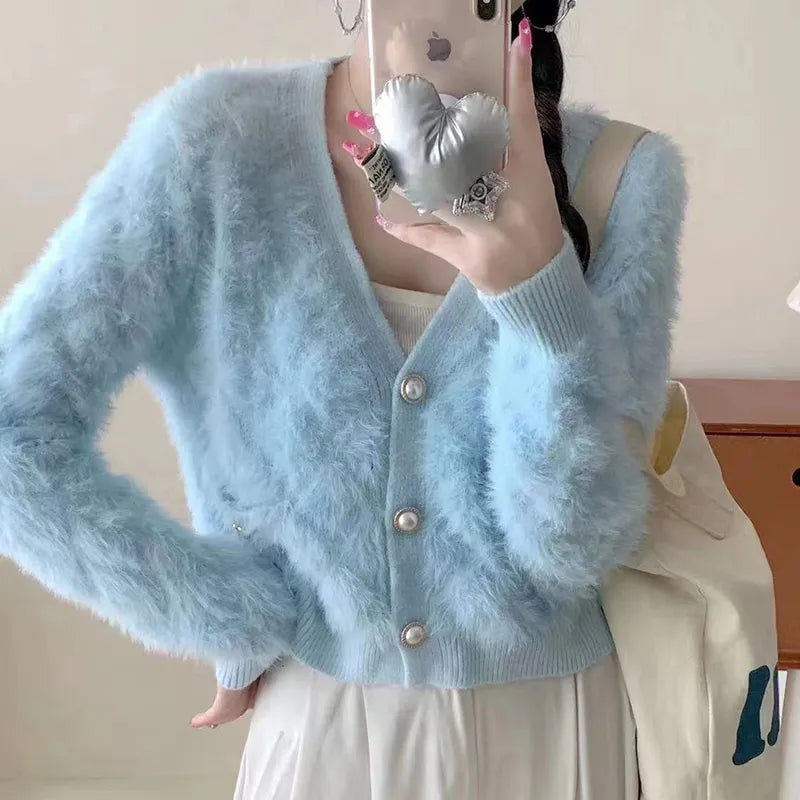 maoxiangshop Women Mohair Cardigan Blue Soft Fuzzy Knit Sweater with Pearl Button Autumn Winter