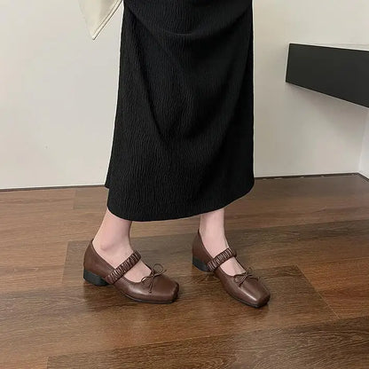 maoxiangshop  -  Korean Style Retro Mary Jane Shoes Square Toe Women's Shoes Bowknot PU Ballet Flats Spring/Autumn Flats Women Shoes