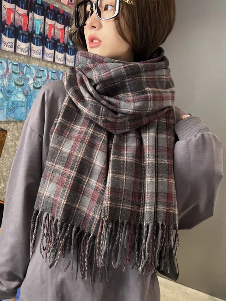 maoxiangshop New Imitation Cashmere Women Scarf Winter Preppy Style Vintage Plaid Scarve Pashmina Mujer Foulard Blanket Wrap Shawl Pareo