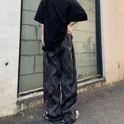 Lucyever Summer Thin Retro Corduroy Pants Women Harajuku Printed Baggy Wide Leg Trousers Teen High Street Unisex Hip Hop Pants