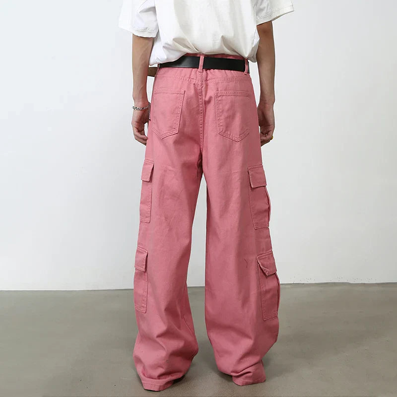 maoxiangshop Pink Cargo Jeans Pants Men Oversize Wide Leg Denim Trousers Male Loose Casual Japanese Streetwear Hip Hop Pocket