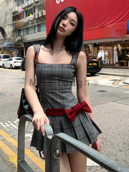 Summer Sexy Striped Bow Slim Party Dress Women Y2k Sleeveless Streetwear Vintage Dress Fashion Chic Retro Pleated Clothing New