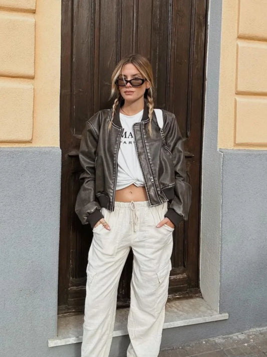 maoxiangshop  -  Women Vintage Solid Zipper Short Jacket Chic Stand Collar Lantern Long Sleeves Cropped Coat Autumn Lady Commute Street Outerwear