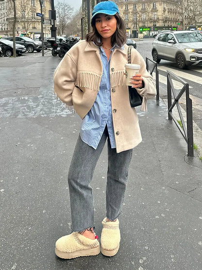 maoxiangshop -  Elegant Solid Single Breasted Tassels Coat For Woman Fashion Long Sleeve Lapel Neck Coat Lady Winter Warm Loose Street Outwear