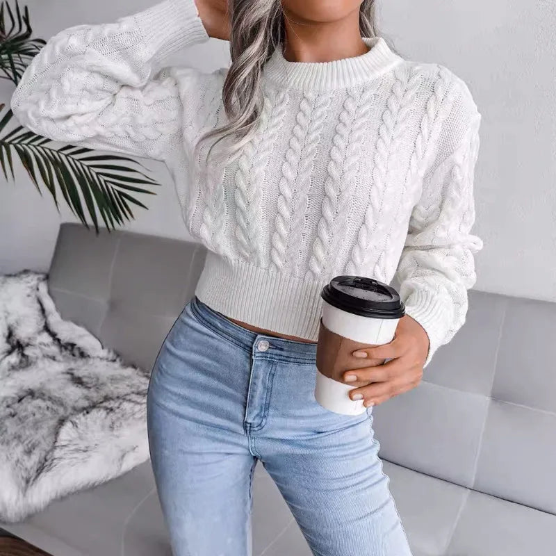 maoxiangshop Crop Cable Knit White Sweater Long Sleeve Crew Neck Pullover Women Jumper Soft Girls Autumn Winter  Thick & Warm Knitwear