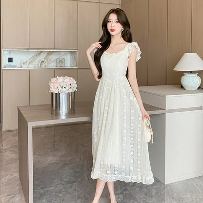 maoxiangshop French Sweet Midi Dresses for Women Summer New High-waisted Fly-sleeved Elegant Fashion Clothing Korean Casual Female Dress