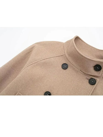 maoxiangshop -  Women's Winter Crop Jakcet Casual Long Sleeve Double Breasted Stand Collar Wool Blend Coat Female Fashion Chic Top Y2K