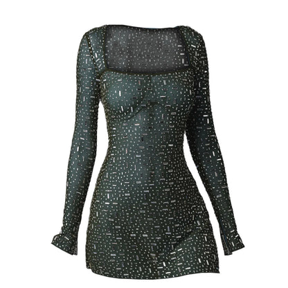 maoxiangshop-Sequine Party Dress Women Sexy Sheath Long Sleeve Diamond Mini Female Evening Dresses 2024 Slim Hip Package Long Lady Club Robe