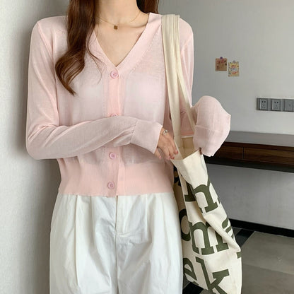 maoxiangshop Summer V Neck Cardigan Women Casual Transparent Sweater Shirts Lady Simple Thin Solid Outwear Female Crop Top