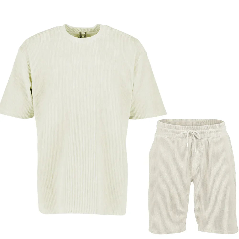 maoxiangshop Summer Men's Striped Suit Loose Crew Neck Short-sleeved T-shirt And Shorts Solid Color Sports Casual Two-piece Set