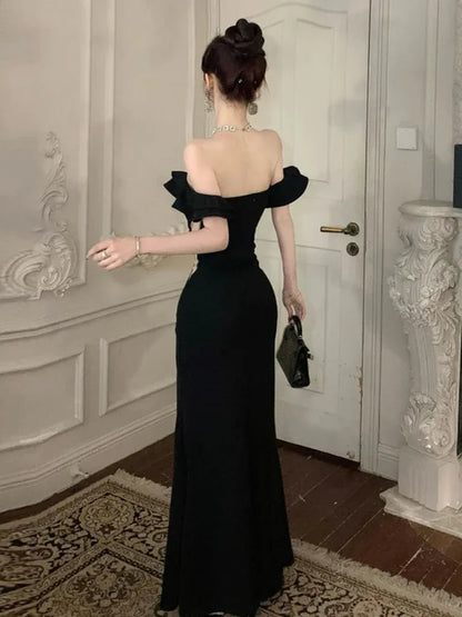 maoxiangshop DRESS TO IMPRESS France Vintage Elegant Evening Party Dress Women Y2k Ruffled One Shoulder Strapless Midi Dress Famale Solid Korean Chic Clothes