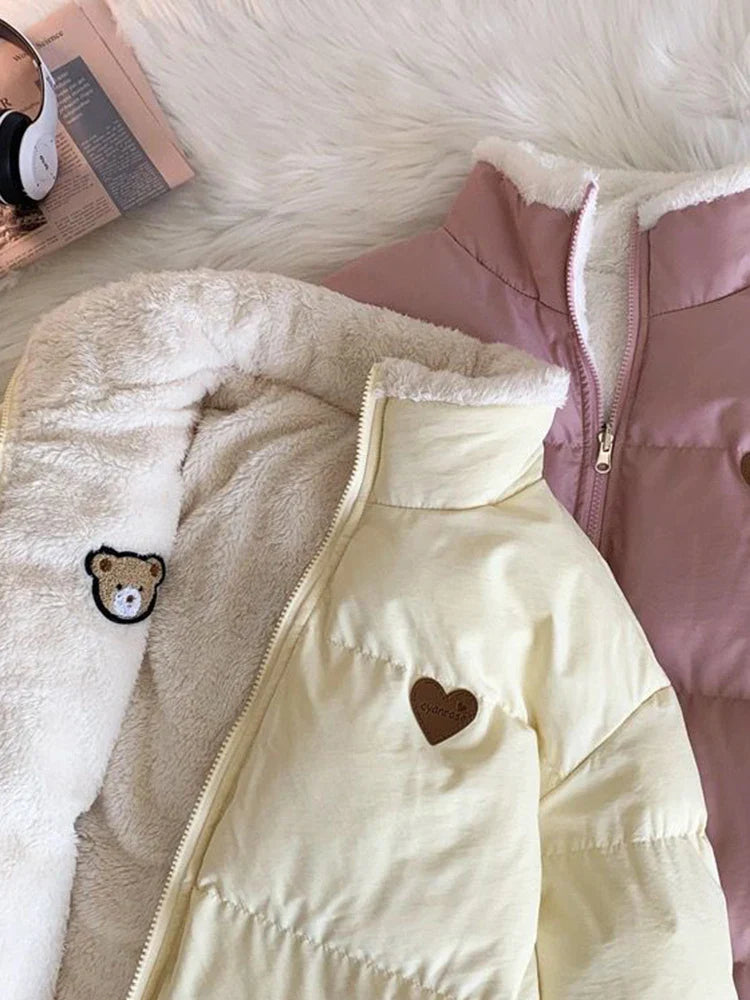 maoxiangshop Cute Embroidery Women Parkas Coat Winter Thick Hairy Korean Loose Warm Jacket Double Sided Design Pink Student Clothes