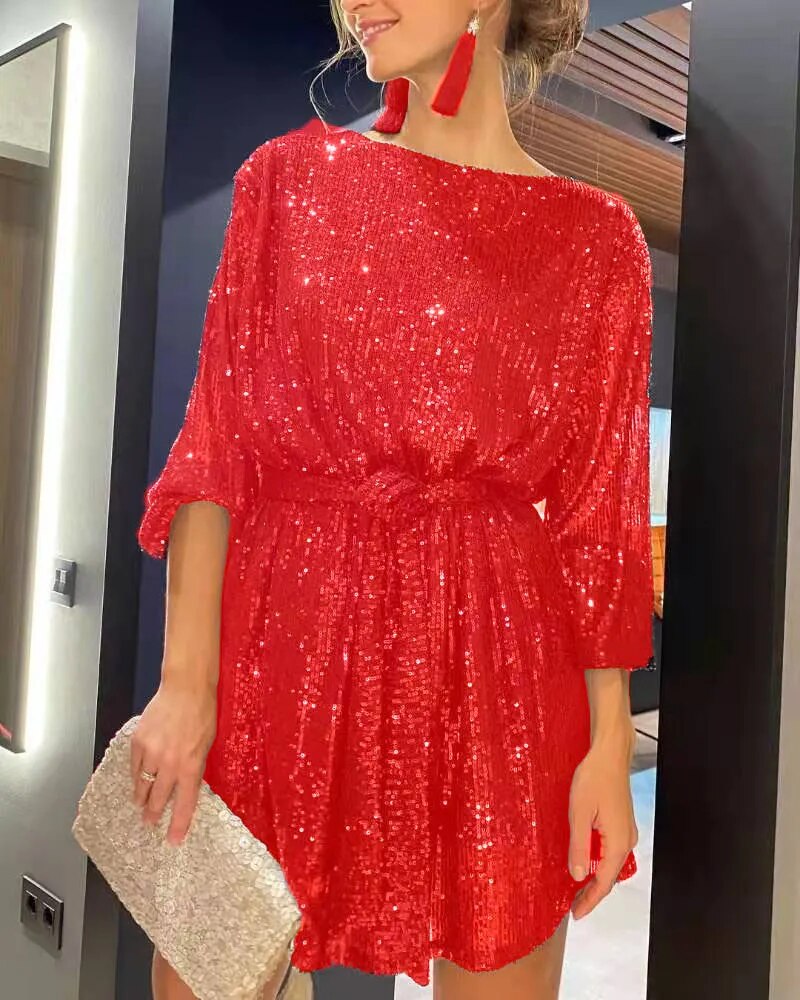 maoxiangshop New Women's Holiday Party Cocktail Party Sparkling Beaded Dress Fashion Temperament Elegant Sexy Sequined Evening Dress