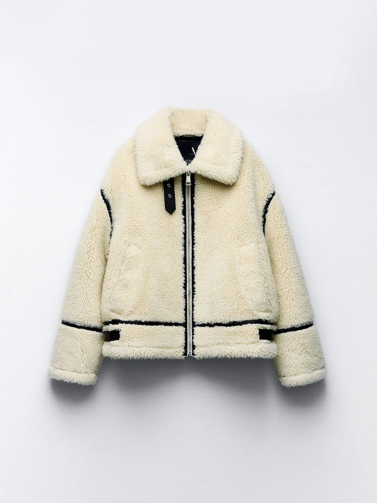 maoxiangshop  -  Elegant Winter Wool Fur Jacket Women Motorcycle Teddy Long Sleeve Stand Collar Double Faced Coat Female Winter Bike Streetwear
