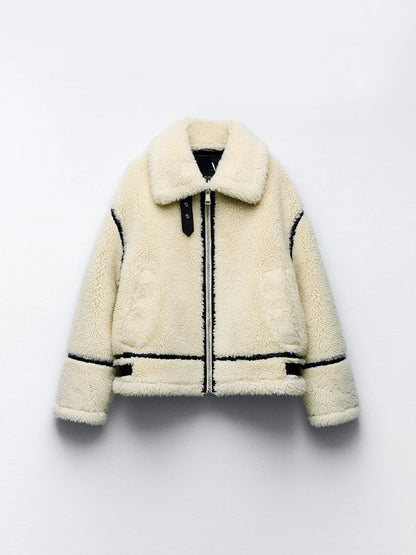 maoxiangshop  -  Elegant Winter Wool Fur Jacket Women Motorcycle Teddy Long Sleeve Stand Collar Double Faced Coat Female Winter Bike Streetwear