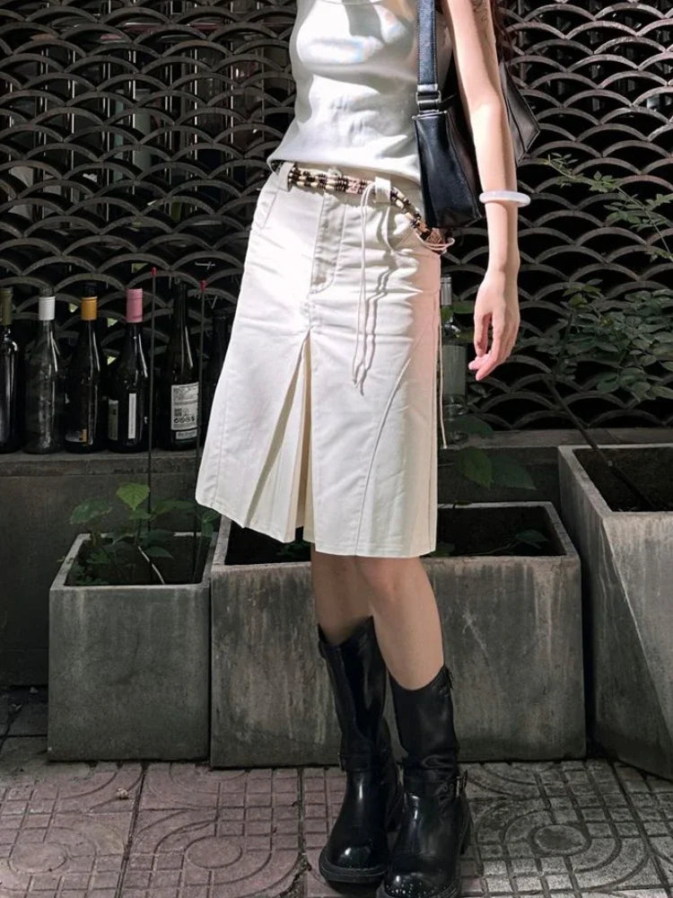 maoxiangshop  -  White Long Skirt Women Y2k American Retro High Waist Irregular Streetwear Vintage Knee-length Midi Skirt Autumn 2024