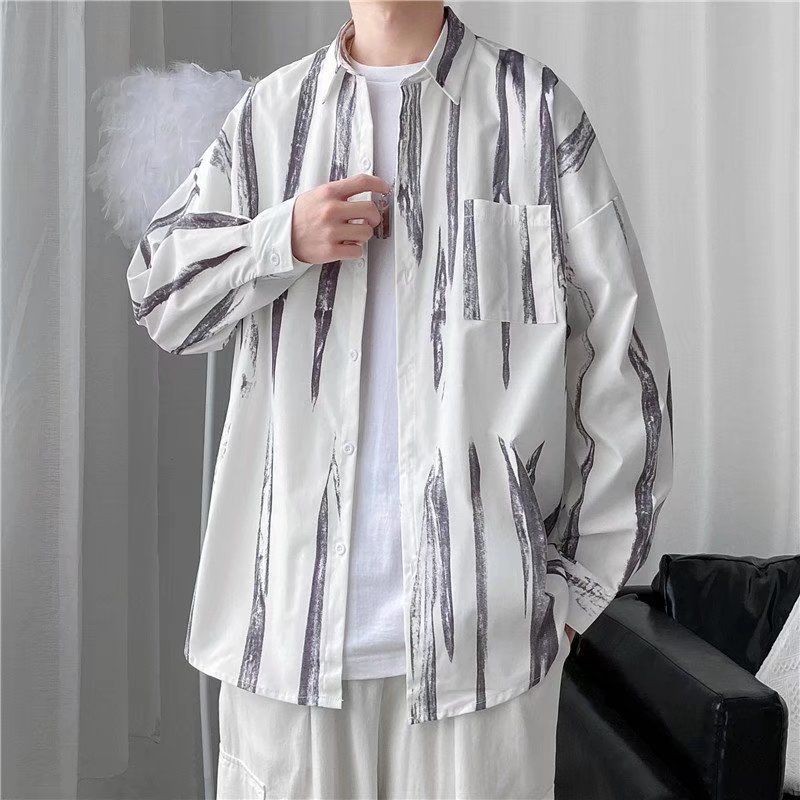 maoxiangshop Men's Clothing Turn-down Collar Handsome Long Sleeve Button Spring Summer Thin Man Printing Loose Streetwear Casual Korean