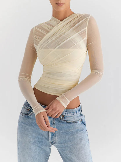 maoxiangshopSheer Mesh Long Sleeve Sexy T-shirt Women Autumn New V Neck Zipper Layered Skinny Club Party Sexy Tops