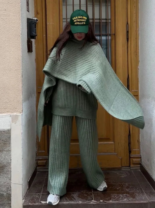 maoxiangshop  -  Knit Sweater Pants Set With Scarf Women Loose V-neck Long Sleeve Pullover Elastic Wide Leg Trouser Set 2024 Autumn Lady Outfits