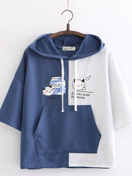 Women Cartoon Print Funny Hooded Sweatshirts Short Sleeve Patchwork Hit Color Hoodie Loose Pullovers Tracksuit With Pocket