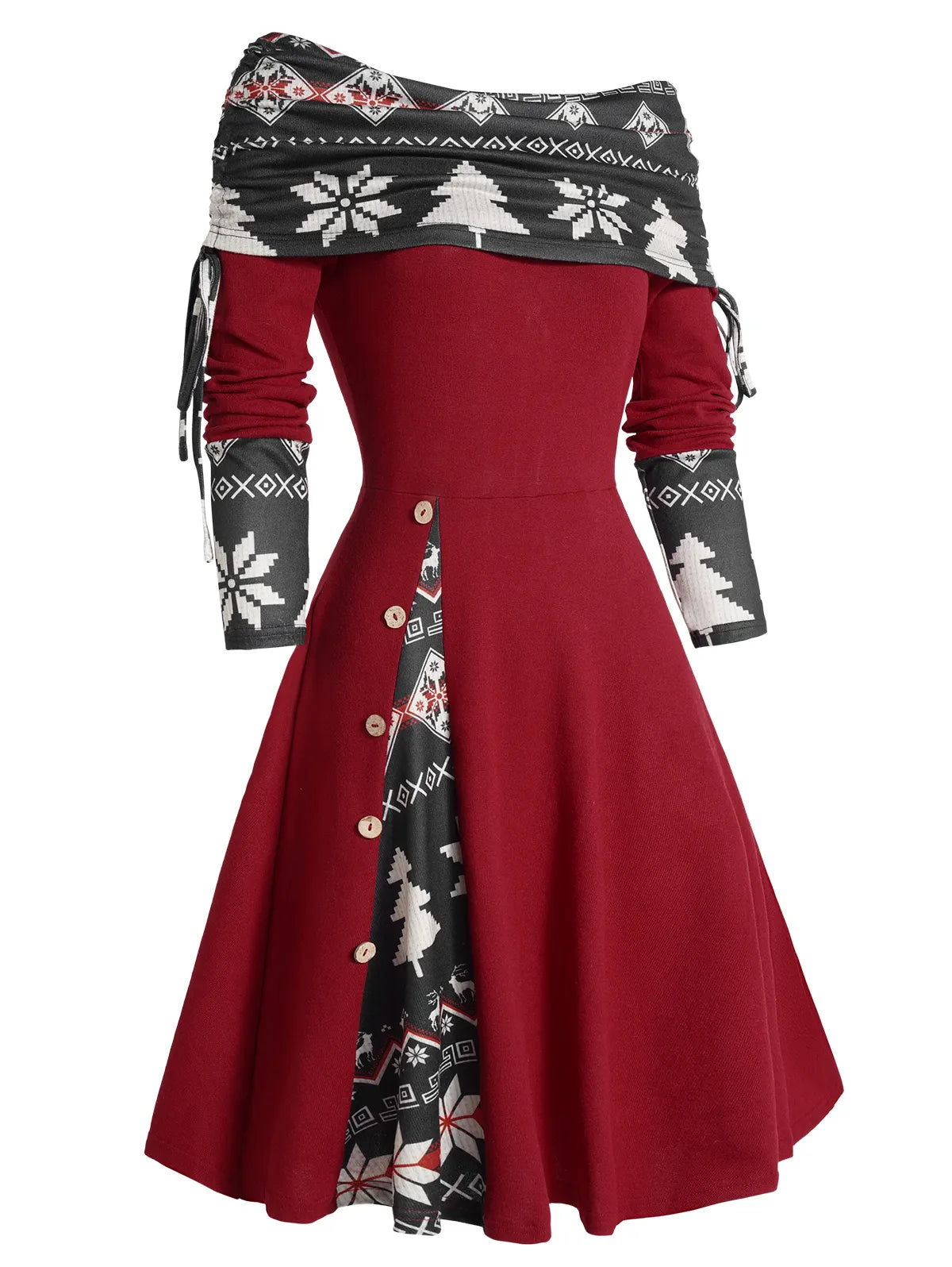 maoxiangshop Long Sleeve Colorblock Dress Christmas Dress Tree Snowflake Print Cinched Godet A Line Mini Robe For Women