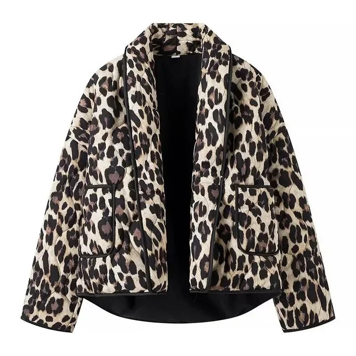 maoxiangshop  -  Women Casual Leopard Printed Cotton Jacket Fashion Lapel Long Sleeved With Pockets Cardigan 2024 Autumn Winter Lady Chic Coats