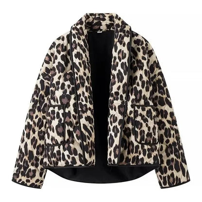 maoxiangshop  -  Women Casual Leopard Printed Cotton Jacket Fashion Lapel Long Sleeved With Pockets Cardigan 2024 Autumn Winter Lady Chic Coats