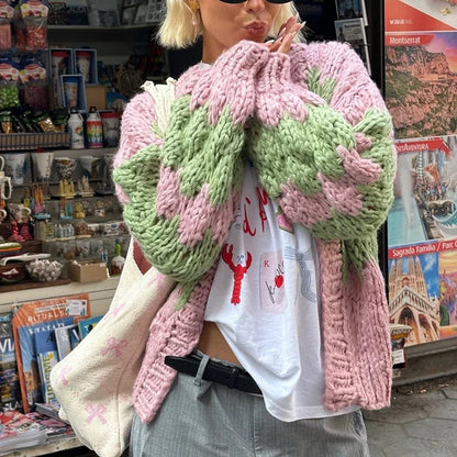 maoxiangshop  -  Stripe Pattern Cropped Cardigans Vintage Lantern Sleeves Knitted Sweater Aesthetic Y2k Knitwear Coat Women Autumn Outwear Street