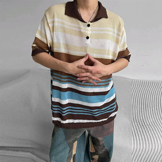 maoxiangshop Vintage Y2K Striped Polo Shirt Mens Knitwear Summer Short Sleeve Buttoned Lapel Knit Tops For Men Casual Loose Breathable Polos
