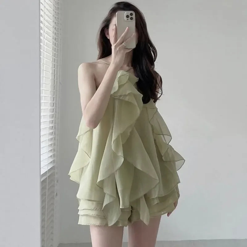 maoxiangshop Boho Dress Vintage Hanging Neck Layer Ruffle Sleeveless Sling  Short Sexy Green Chiffon es Robe Vestidos Mujer Korean