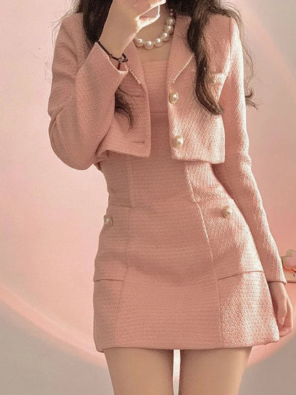 Autumn Pink Elegant Two Piece Set Women Korean Style Balzer Coat+Strap Mini Dress Set Female Solid Casual Slim Designer Set