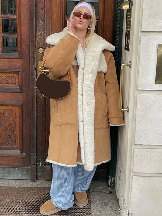 maoxiangshop  -  Fur Lined And Suede Integrated Long Coat Women Turn-down Collar Loose Pocket Trendy Single Breasted Outwear 2024 Winter Chic Top