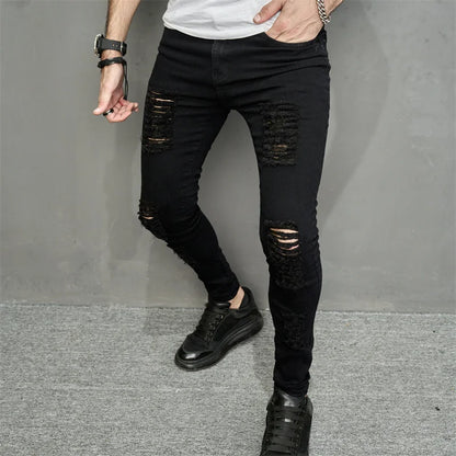 maoxiangshop Streetwear Ripped Slim Men Pencil Jeans Pants Stylish Male Hip Hop Stretch Holes Casual Denim Trousers