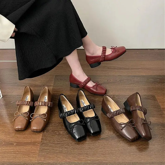maoxiangshop  -  Korean Style Retro Mary Jane Shoes Square Toe Women's Shoes Bowknot PU Ballet Flats Spring/Autumn Flats Women Shoes
