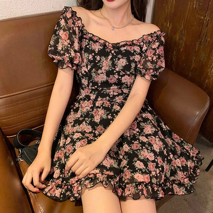 maoxiangshop Summer Women Off Shoulder Mesh Dress Lady Sweet Spicy Style Puff Sleeve Dress Female Flower Graphic Printing Elastic Fairy Dress