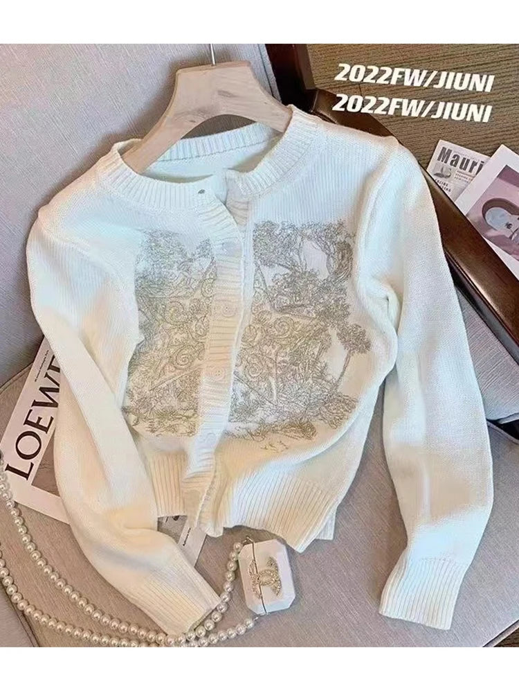 Autumn Winter Woman Old Money Vintage Harajuku Fashion Embroidery Cardigan O-Neck Single-breasted Sweater Long Sleeve Aesthetic