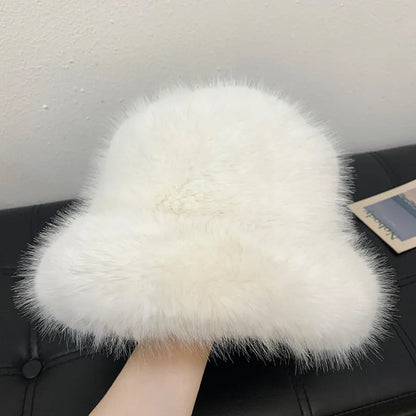 maoxiangshop y2k Fluffy Faux Fur Bucket Hat Women Rabbit Fur Warm Thick Plush Winter Hat Lady Luxury Fashion Furry Panama Fisherman Cap