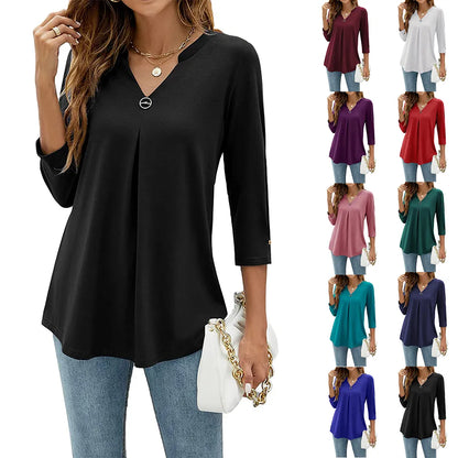 maoxiangshop Womens Autumn V Neck 3/4 Sleeve Shirts Business Casual Tops Loose Work Tunic Blouse