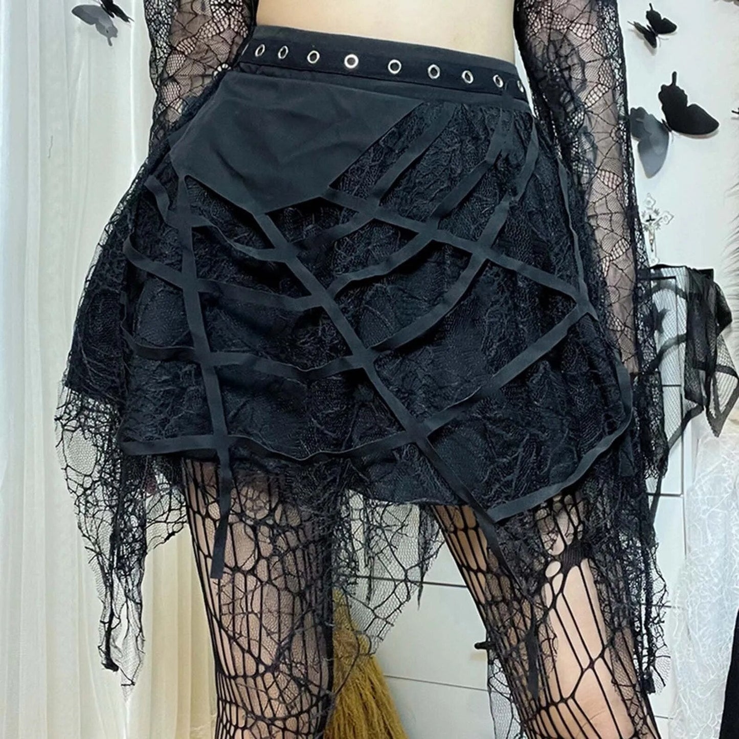 maoxiangshop Gothic Black Mesh Fringed Mini Skirt Women Spider Web Lace Irregular Dark Skirts Pleated Y2K Grunge Halloween Party Clothes