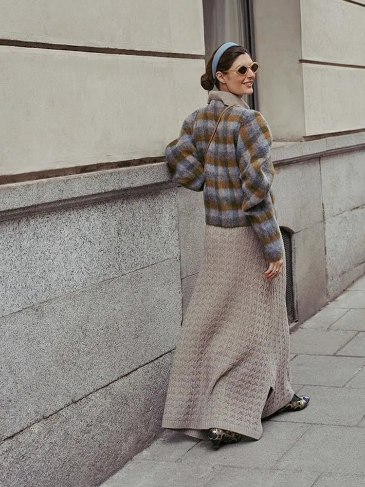 maoxiangshop  -  Women Vintage Plaids Double Breasted Woolen Coats Fashion O Neck Fluffy Long Sleeves Jacket Autumn Winter Chic Lady Warm Outwear