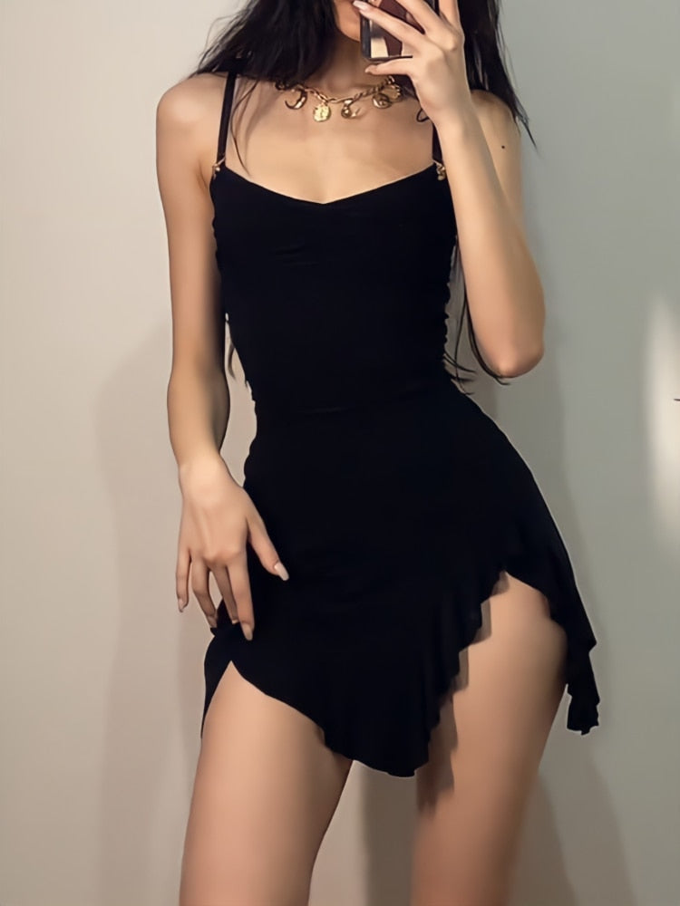 Sexy Black Dress Women Summer Bodycon Spaghetti Strap Mini Dress Sleeveless Irregular Vintage Streetwear Ruffle Sundress