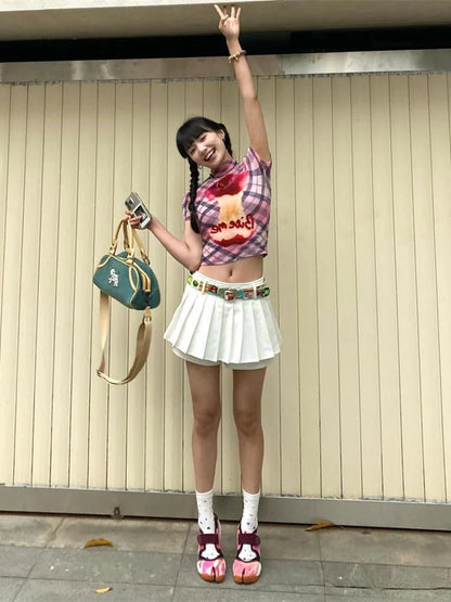 Summer Women Vintage 2000s Aesthetic Plaid Graphic T-Shirts Short Sleeve Tees Stretch Crop Tops Korean Coquette Gyaru Cute Tide