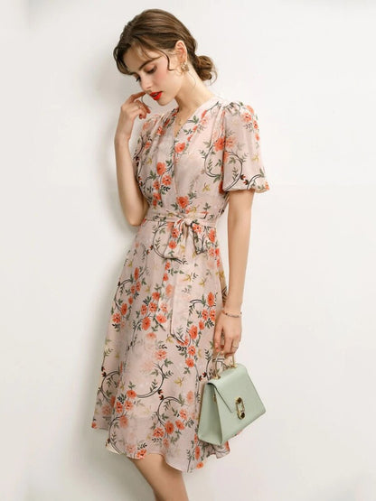 Spring and Summer New Printed Dress V-neck Tie Casual Chiffon Temperament Fashion Floral Print Mid-length Dress