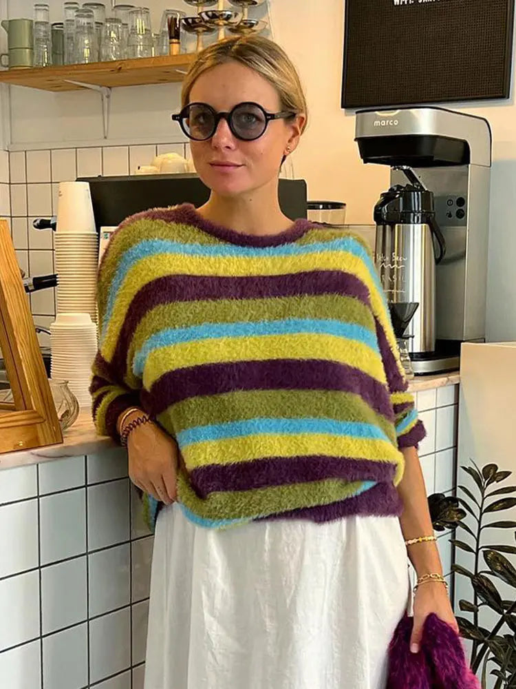 maoxiangshop -  Fashion Colorful Mohair Striped Sweater Women O Neck Long Sleeve Loose Knitted Pullover Winter Lady Soft Street Warm Jumper