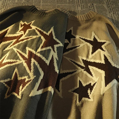 maoxiangshop Autumn and Winter Sweater Men Women American Style Star Print Loose Knitted Pullover High Street Harajuku Oversize Tops Y2K New