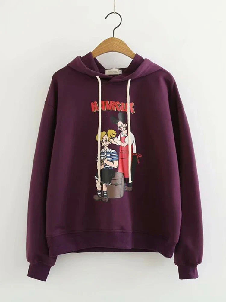 maoxiangshop Purple Cartoon Print Women Hooded Sweatshirt Autumn Winter Girl Sporty Chic Hoodies Sweet Style Casual Pullover Tracksuits