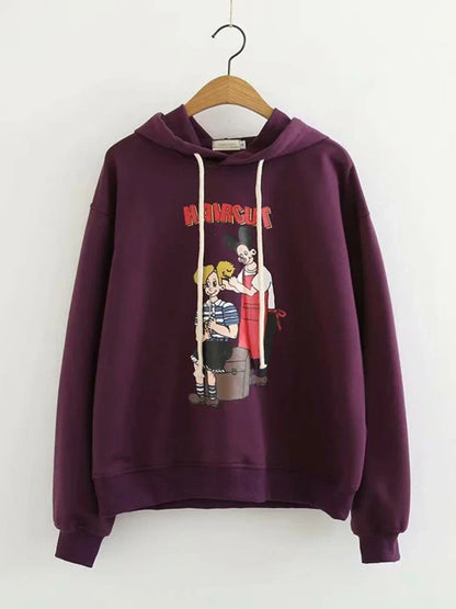 maoxiangshop Purple Cartoon Print Women Hooded Sweatshirt Autumn Winter Girl Sporty Chic Hoodies Sweet Style Casual Pullover Tracksuits