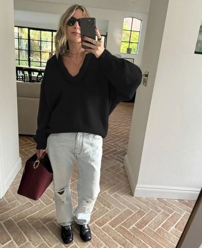 maoxiangshop  -  Women Sweater Casual Solid Loose Lantern Sleeve Knit Tops Fashion V-neck Black Pullover Sweater 2024 New Autumn Female Knitwear