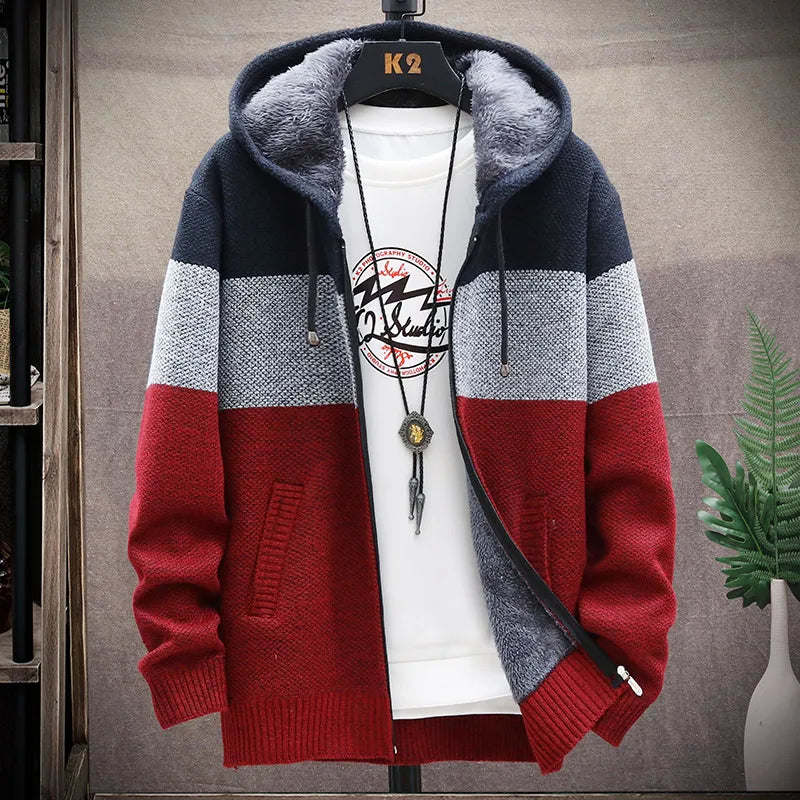 maoxiangshop Winter Men Sweater Add Velvet Cardigan Patchwork Color Stand Collar Male Casual Zipper Knitted Thick Warm Sweatercoat