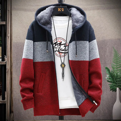 maoxiangshop Winter Men Sweater Add Velvet Cardigan Patchwork Color Stand Collar Male Casual Zipper Knitted Thick Warm Sweatercoat